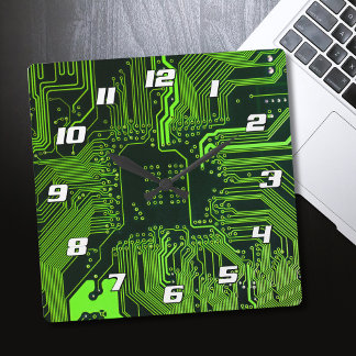 Cyber Green PCB Circuit Board Trace Pattern Art Square Wall Clock