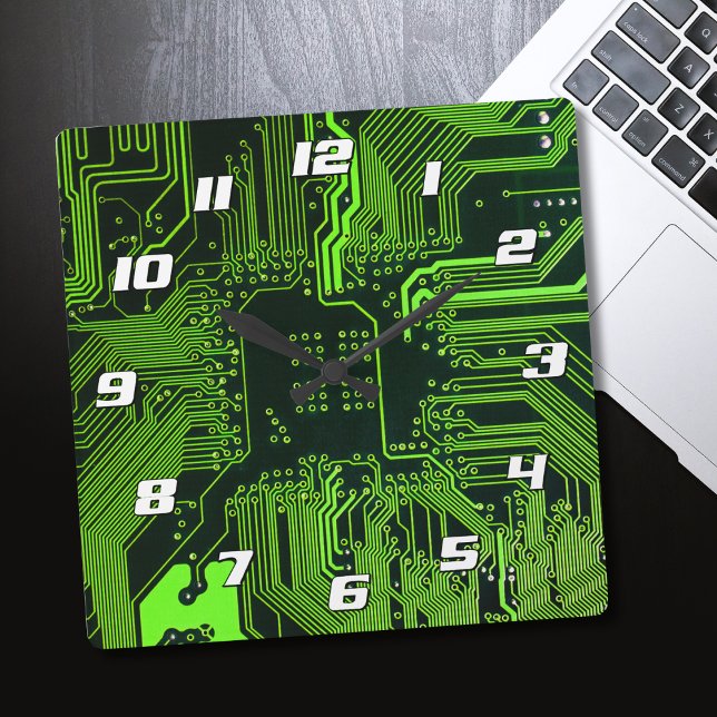 Cyber Green PCB Circuit Board Trace Pattern Art Square Wall Clock (Creator Uploaded)
