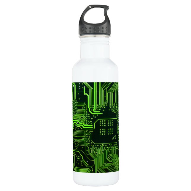 Cyber Green PCB Circuit Board Trace Pattern Art Stainless Steel Water Bottle (Front)