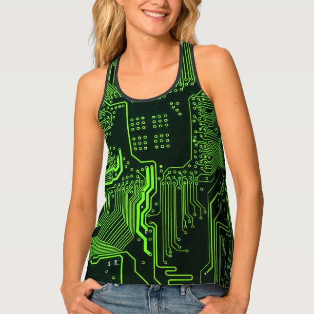 Cyber Green PCB Circuit Board Trace Pattern Art Tank Top (Front)