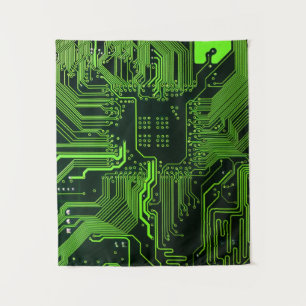 Cyber Green PCB Circuit Board Trace Pattern Art Tapestry