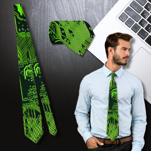 Cyber Green PCB Circuit Board Trace Pattern Art Tie