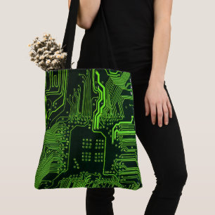 Cyber Green PCB Circuit Board Trace Pattern Art Tote Bag