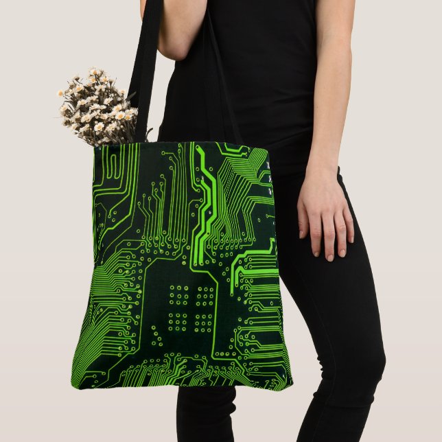 Cyber Green PCB Circuit Board Trace Pattern Art Tote Bag (Close Up)