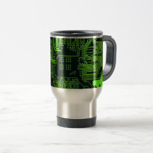 Cyber Green PCB Circuit Board Trace Pattern Art Travel Mug