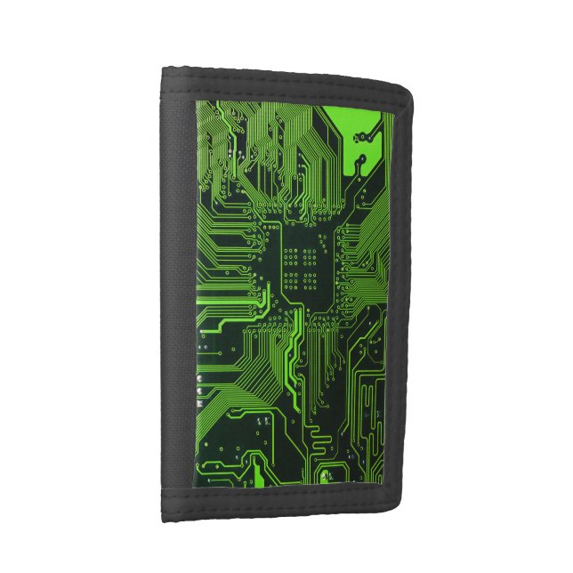 Cyber Green PCB Circuit Board Trace Pattern Art Trifold Wallet (Side)