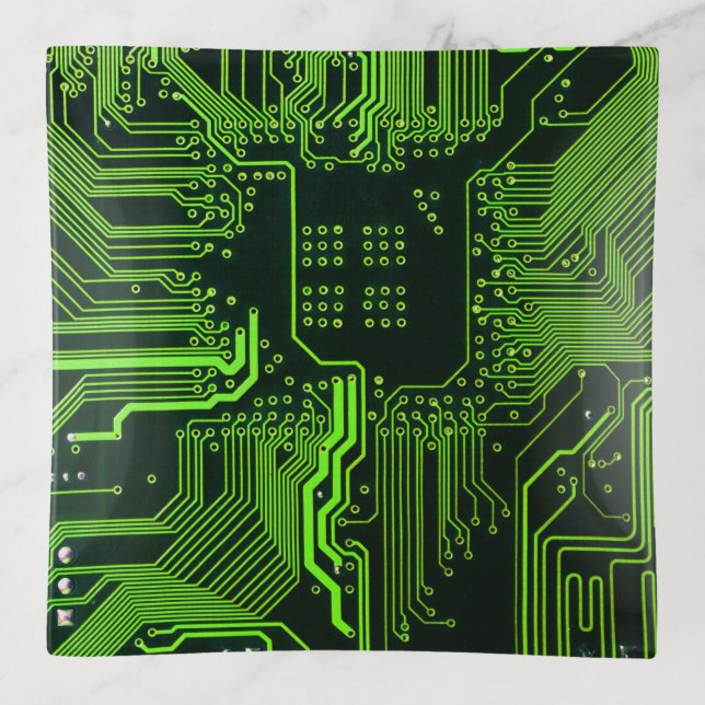 Cyber Green PCB Circuit Board Trace Pattern Art Trinket Tray (Front)