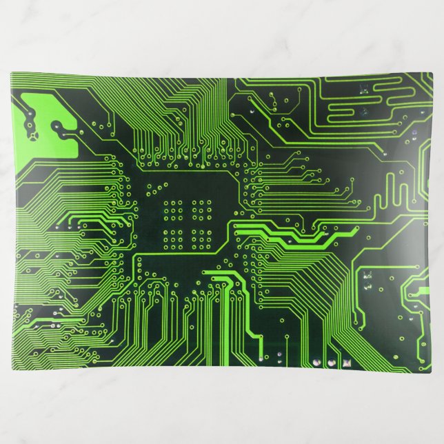 Cyber Green PCB Circuit Board Trace Pattern Art Trinket Tray (Front)