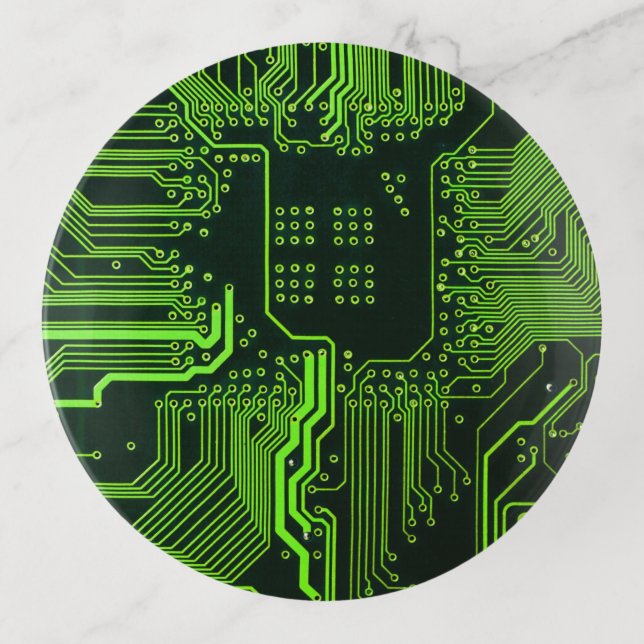 Cyber Green PCB Circuit Board Trace Pattern Art Trinket Tray (Front)