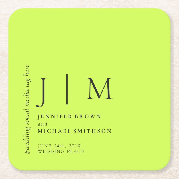 Cyber Lime Jet Black Formal Simple Elegant Wedding Square Paper Coaster