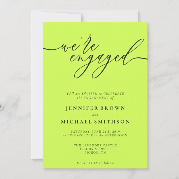 Cyber Lime & Jet Black Minimal We are Engaged Invitation