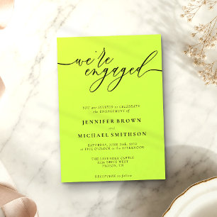 Cyber Lime & Jet Black Minimal We are Engaged Invitation