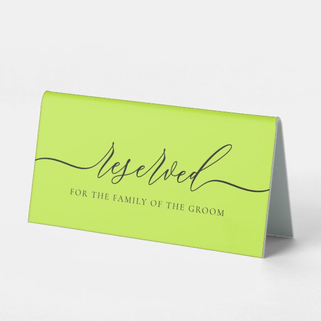 Cyber Lime Jet Black Reserved for groom family Table Tent
