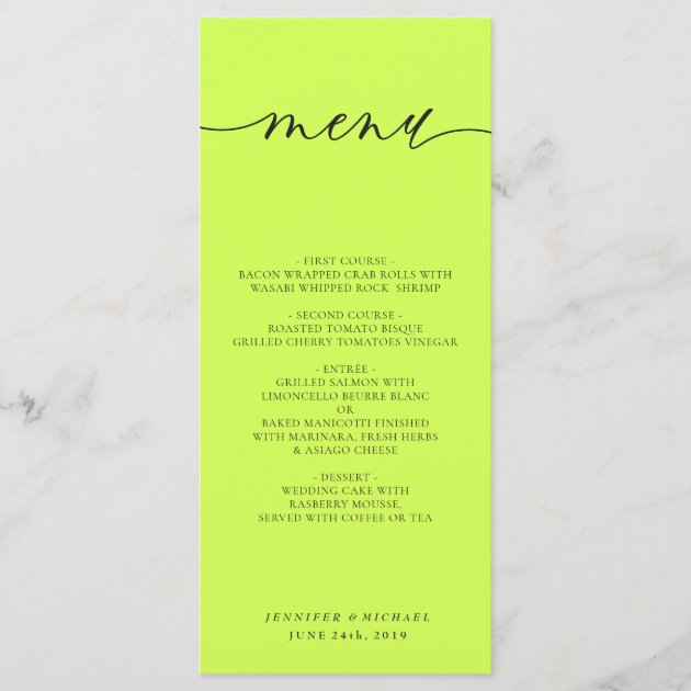Cyber Lime Jet Black Simple Script Wedding Dinner Menu