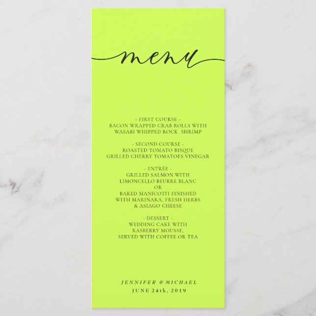 Cyber Lime Jet Black Simple Script Wedding Dinner Menu (Front)