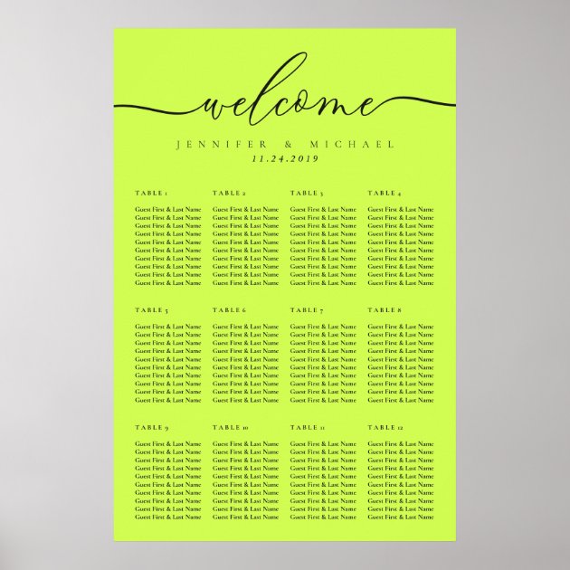 Cyber Lime Jet Black Welcome Wedding Table Seating Poster
