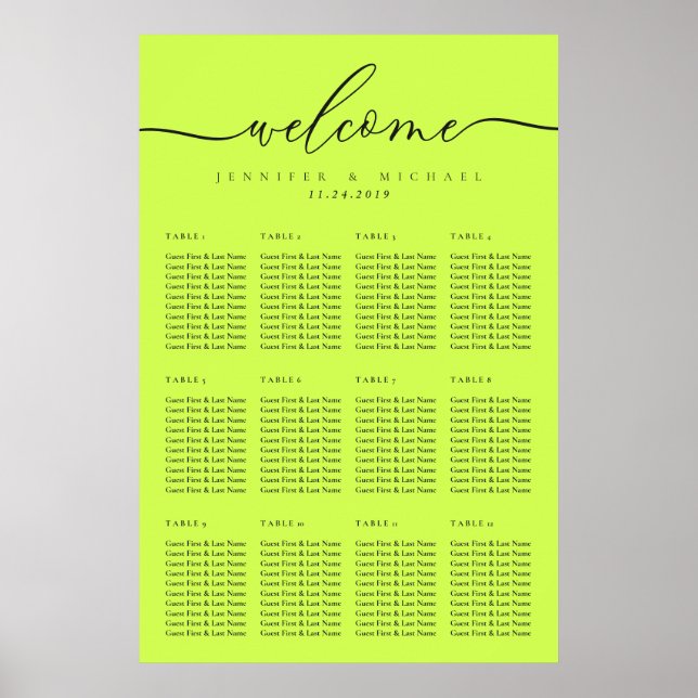 Cyber Lime Jet Black Welcome Wedding Table Seating Poster (Front)