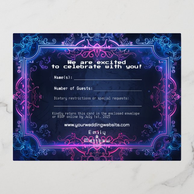 Cyber-Medieval Fusion Wedding RSVP Card REAL FOIL (Front)