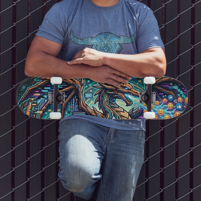 Cyber-Neon Blue Dragon Glitch Art Mural Design Skateboard (Outdoor 3)