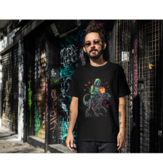 Cyber Neon Skeleton Riding Robo Dino – Halloween T-Shirt