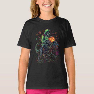 Cyber Neon Skeleton Riding Robo Dino – Halloween T-Shirt