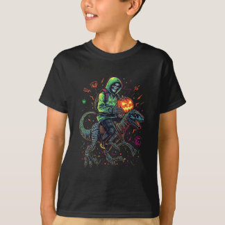 Cyber Neon Skeleton Riding Robo Dino – Halloween T-Shirt