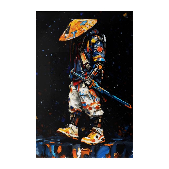 Cyber Ninja Palette Knife Neon Orange Impasto Acrylic Print (Front)