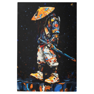 Cyber Ninja Palette Knife Neon Orange Impasto Metal Print