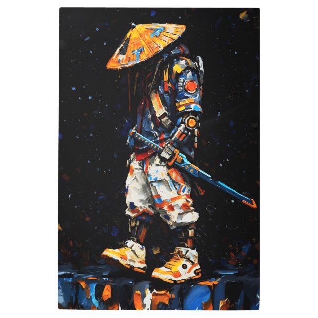 Cyber Ninja Palette Knife Neon Orange Impasto Metal Print (Front)