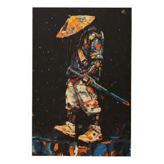 Cyber Ninja Palette Knife Neon Orange Impasto Wood Wall Art