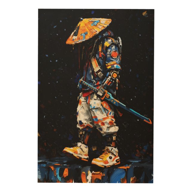 Cyber Ninja Palette Knife Neon Orange Impasto Wood Wall Art (Front)