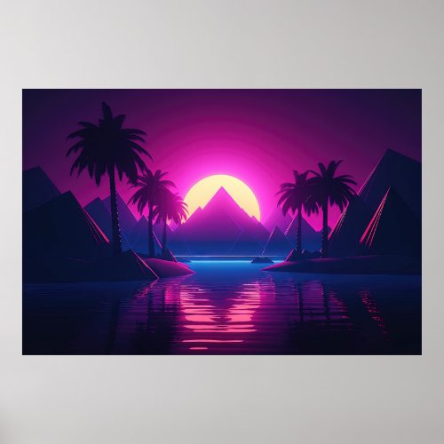 Cyber Oasis Vibrant Synthwave Vibes on the Island Poster