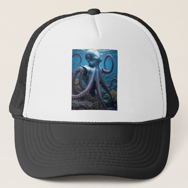 Cyber Octopus black and white foam trucker hat (Front)