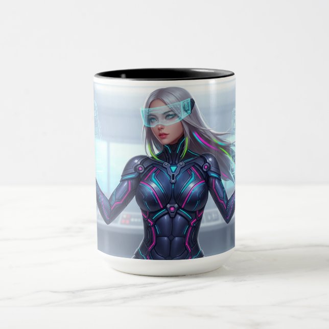 Cyber Oracle Mug – Futuristic Tech Anime Girl (Center)