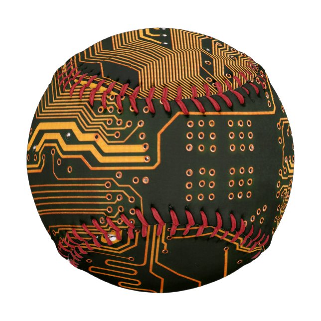 Cyber Orange PCB Circuit Board Trace Pattern Art Baseball (Front)