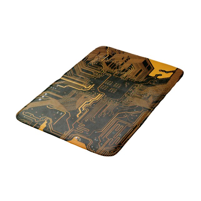 Cyber Orange PCB Circuit Board Trace Pattern Art Bath Mat (Angled)