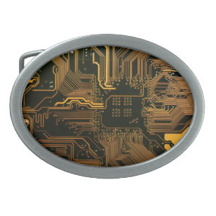 Cyber Orange PCB Circuit Board Trace Pattern Art Belt Buckle