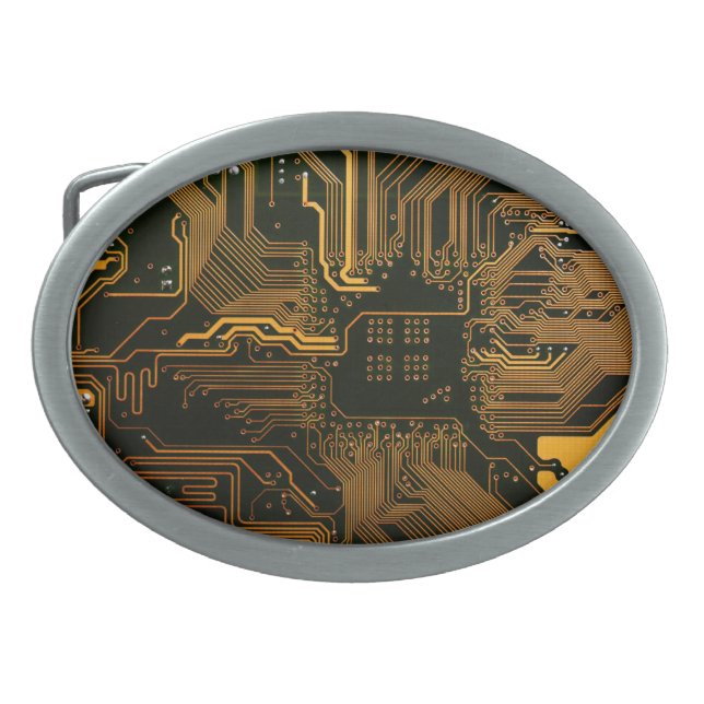 Cyber Orange PCB Circuit Board Trace Pattern Art Belt Buckle (Front)