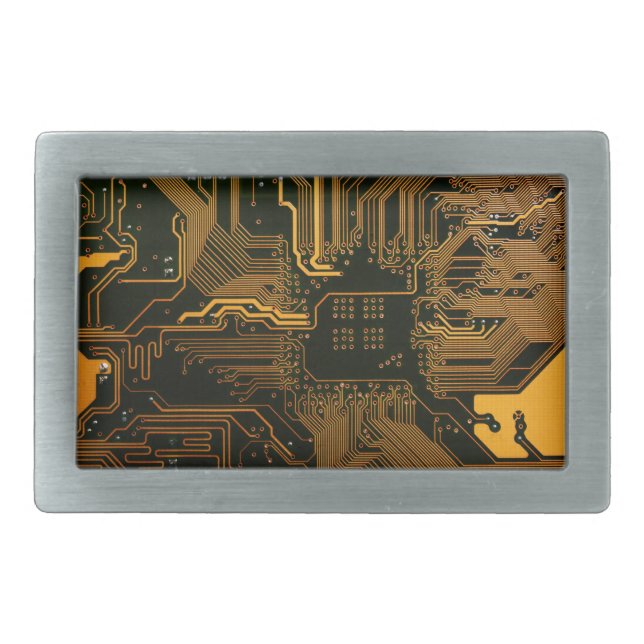 Cyber Orange PCB Circuit Board Trace Pattern Art Belt Buckle (Front)