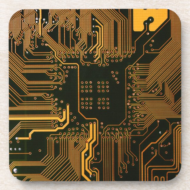 Cyber Orange PCB Circuit Board Trace Pattern Art Beverage Coaster (Front)