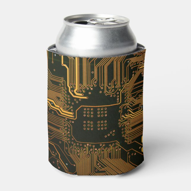 Cyber Orange PCB Circuit Board Trace Pattern Art Can Cooler (Can Front)