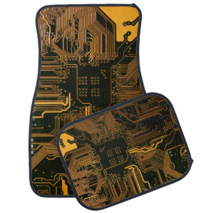 Cyber Orange PCB Circuit Board Trace Pattern Art Car Floor Mat