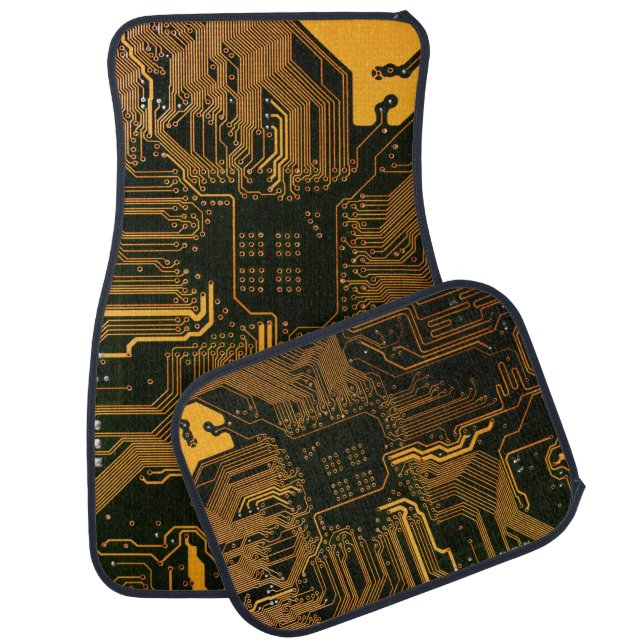 Cyber Orange PCB Circuit Board Trace Pattern Art Car Floor Mat (Set)