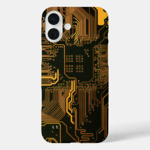 Cyber Orange PCB Circuit Board Trace Pattern Art iPhone 16 Plus Case