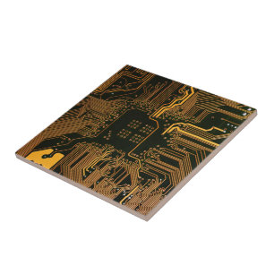 Cyber Orange PCB Circuit Board Trace Pattern Art Ceramic Tile