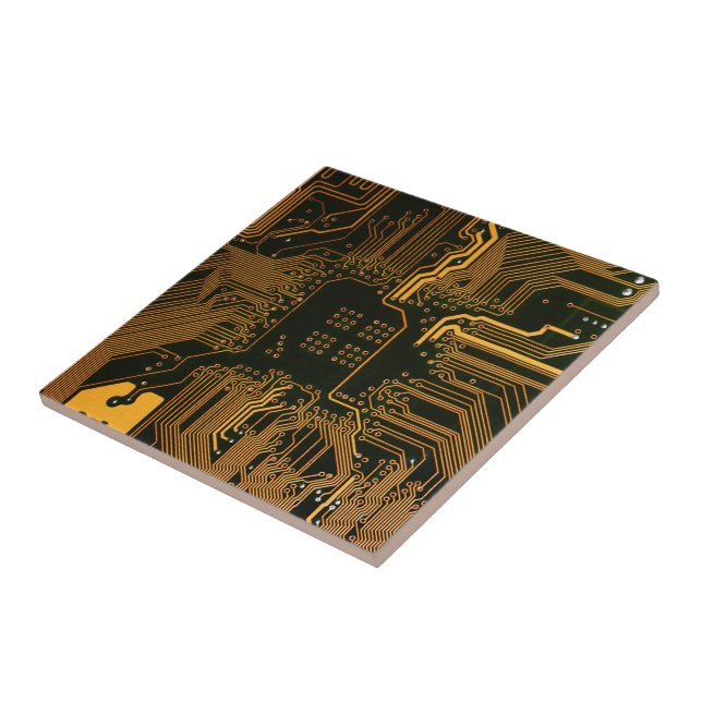 Cyber Orange PCB Circuit Board Trace Pattern Art Ceramic Tile (Side)