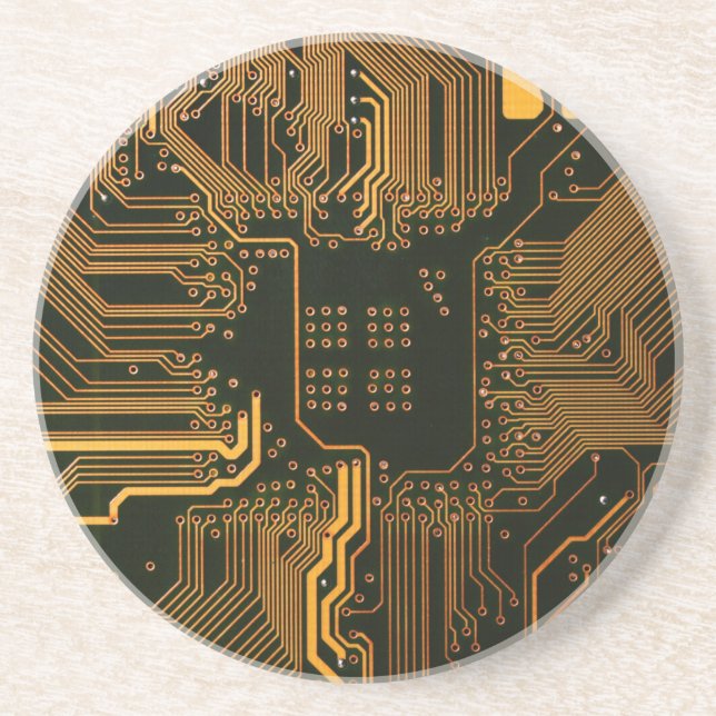 Cyber Orange PCB Circuit Board Trace Pattern Art Coaster (Front)