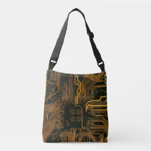 Cyber Orange PCB Circuit Board Trace Pattern Art Crossbody Bag