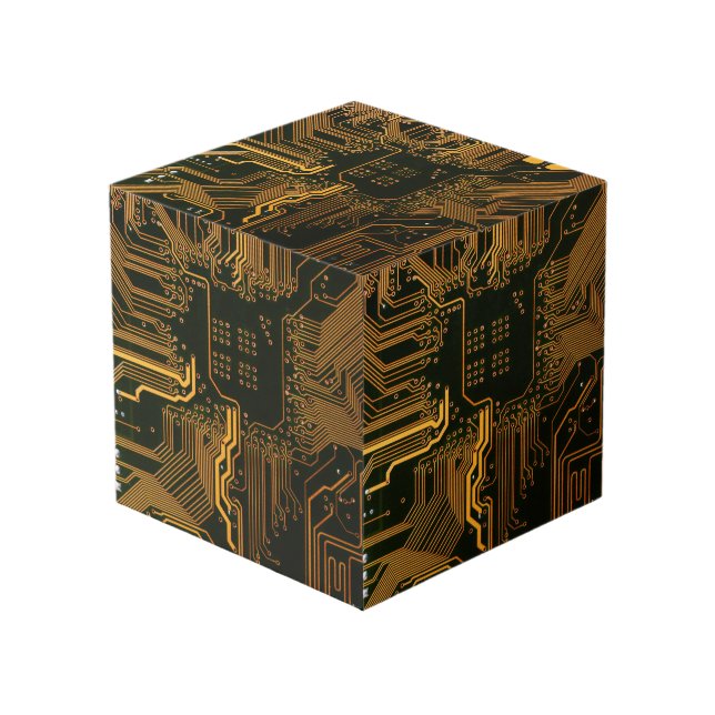 Cyber Orange PCB Circuit Board Trace Pattern Art Cube (Front Angled)