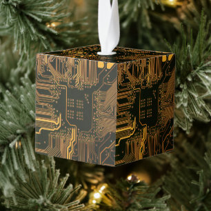 Cyber Orange PCB Circuit Board Trace Pattern Art Cube Ornament